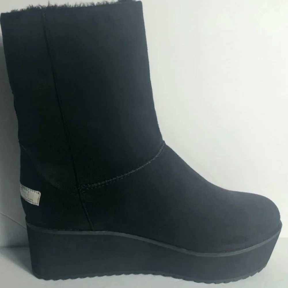 New Womens Size 8 Black Suede Warm Winter Fashion Wedge Snow Casual Boots - Picture 2 of 6
